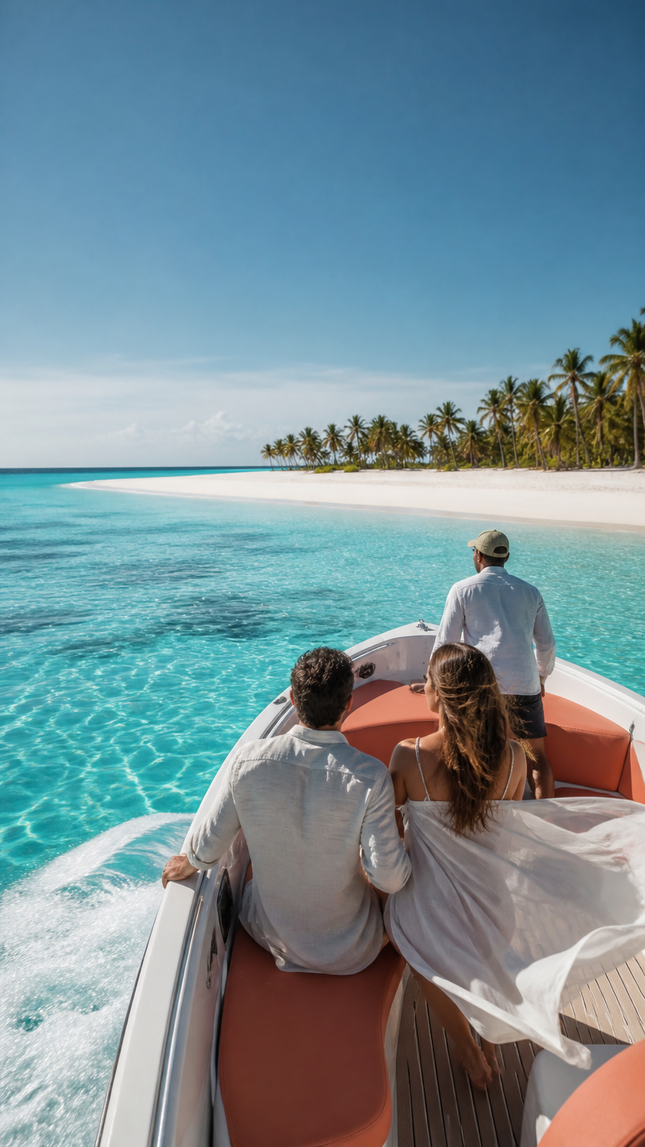 A private speedboat approaching a clear Caribbean sandbar